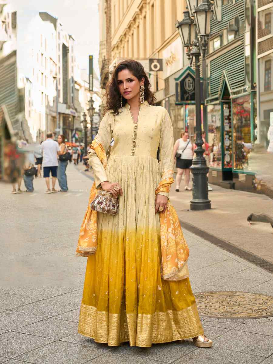 Off-White Premium Real Simar Silk Embroidered Festival Casual Gown Women Wear