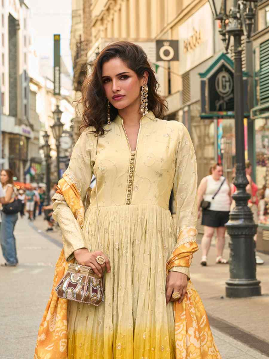 Off-White Premium Real Simar Silk Embroidered Festival Casual Gown Women Wear