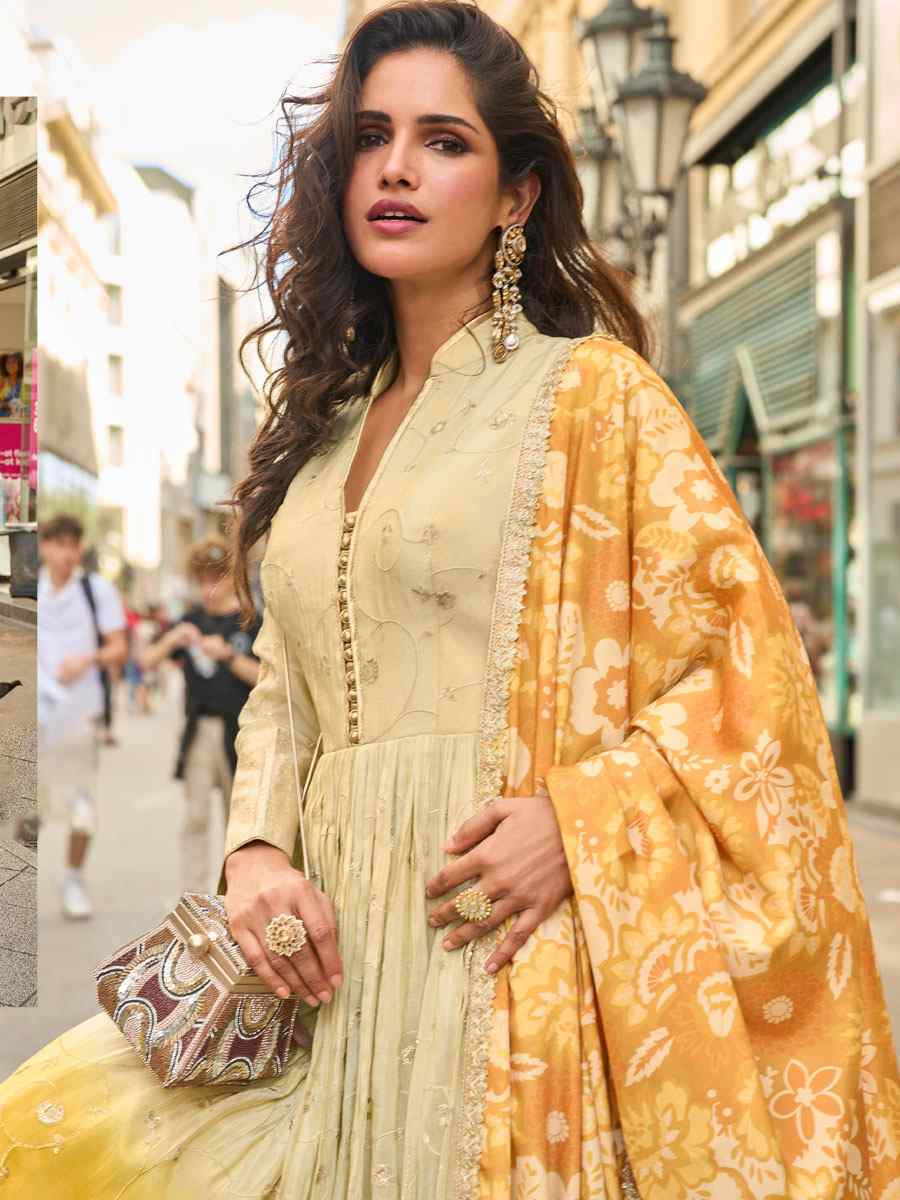 Off-White Premium Real Simar Silk Embroidered Festival Casual Gown Women Wear