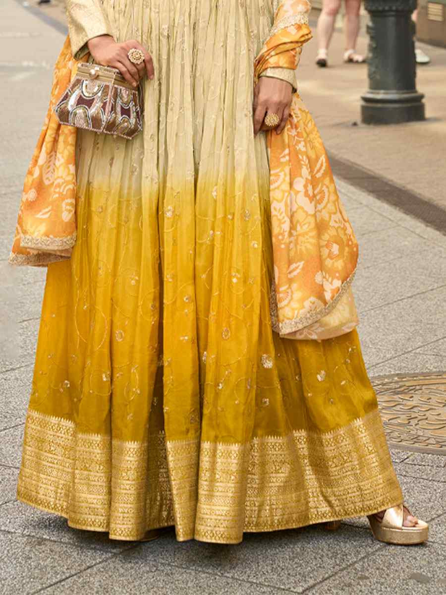 Off-White Premium Real Simar Silk Embroidered Festival Casual Gown Women Wear