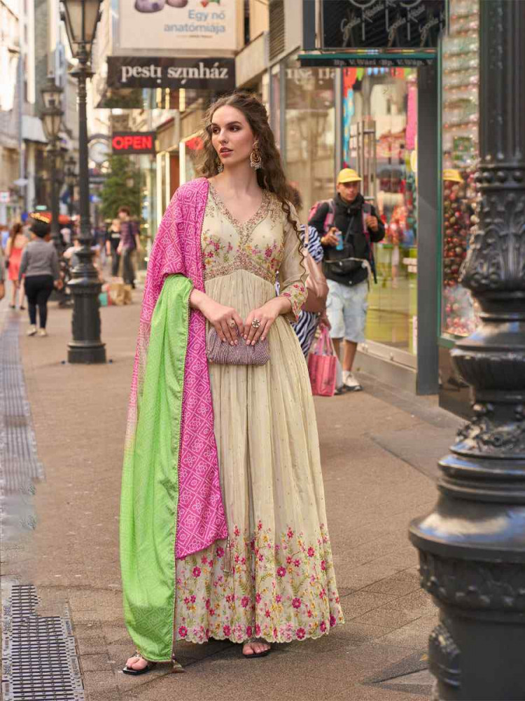 Image of Off-White Premium Real Simar Silk Embroidered Festival Casual Gown Women Wear