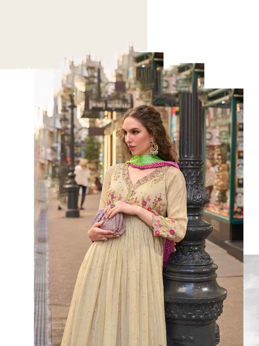 Off-White Premium Real Simar Silk Embroidered Festival Casual Gown Women Wear