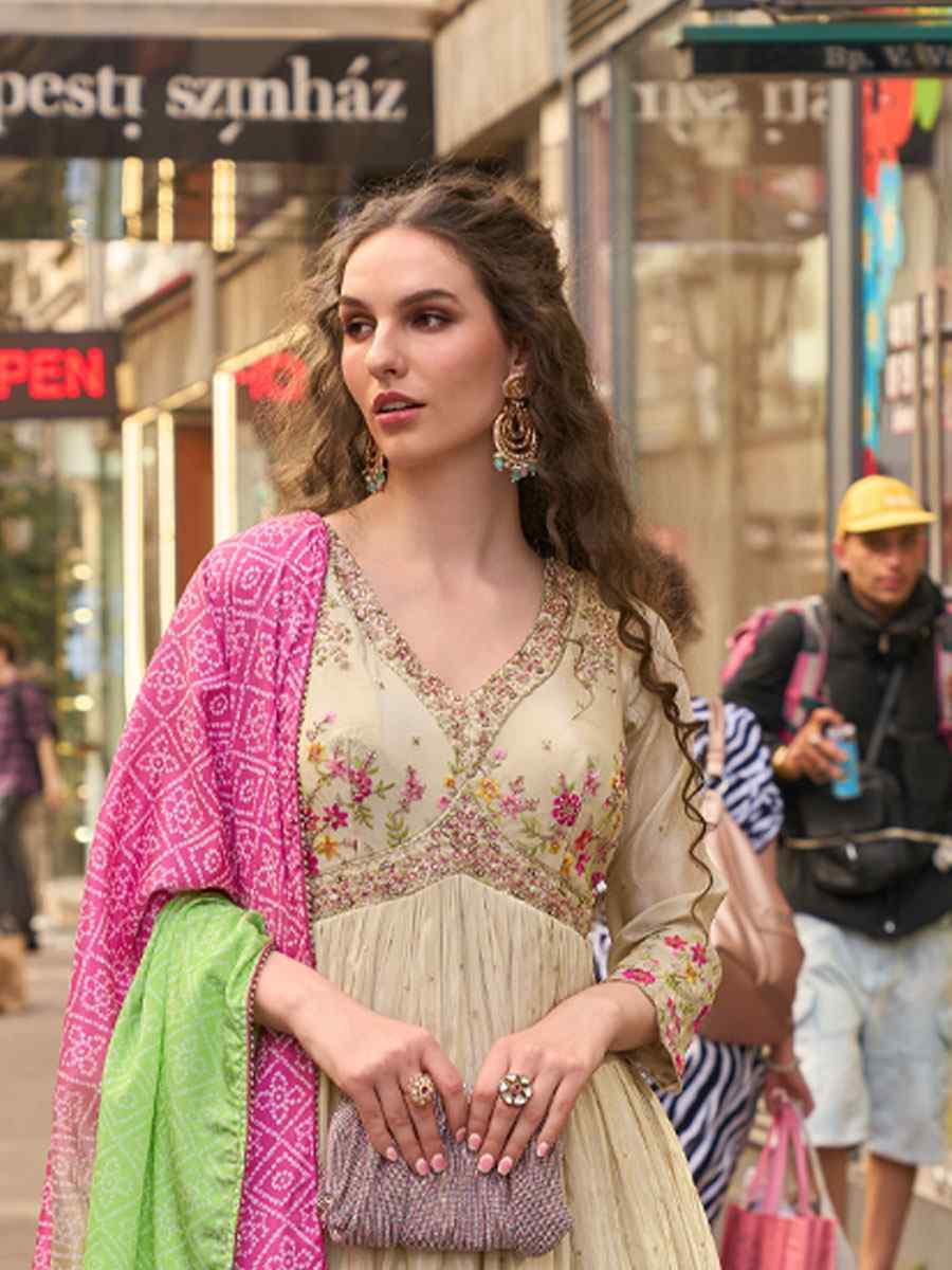 Off-White Premium Real Simar Silk Embroidered Festival Casual Gown Women Wear