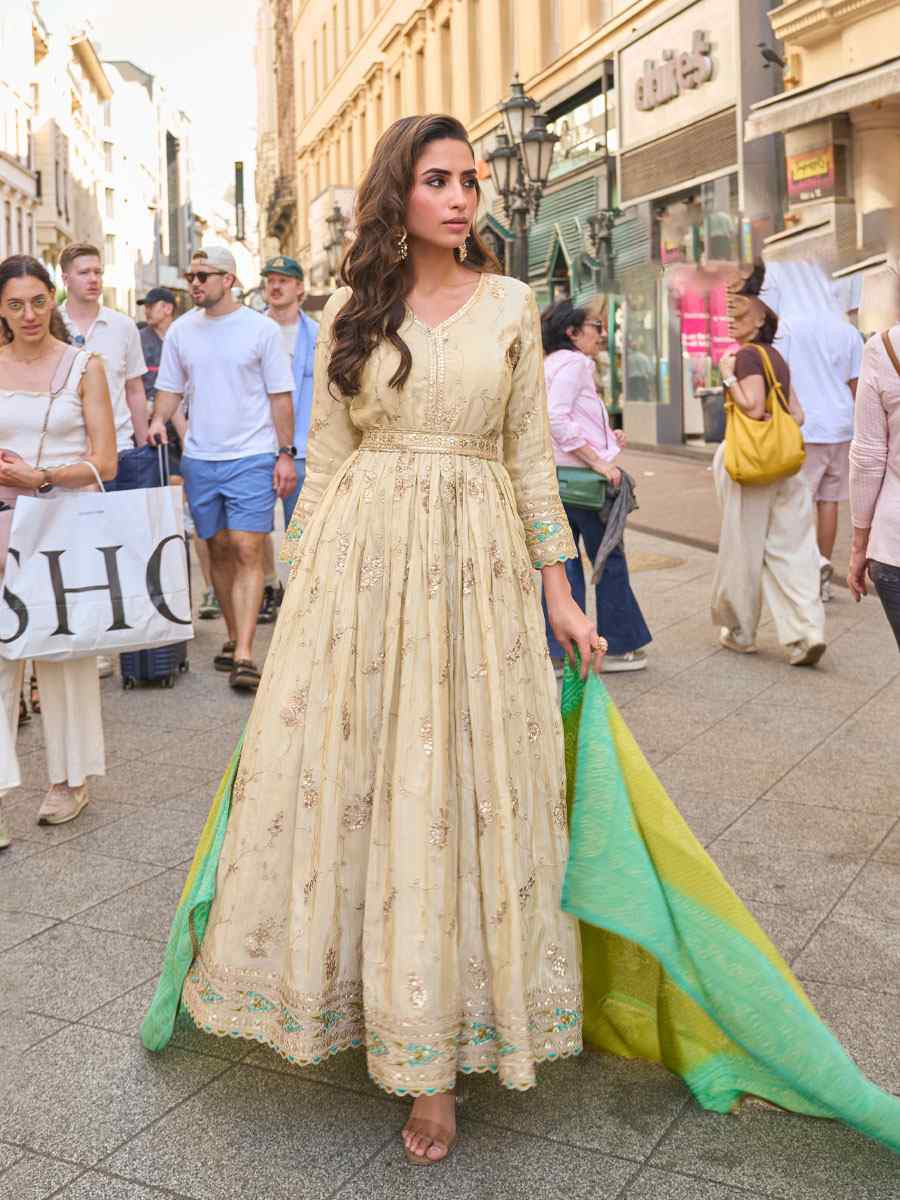 Off-White Premium Real Simar Silk Embroidered Festival Casual Gown Women Wear