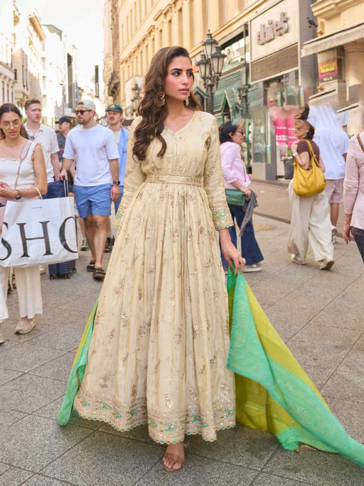 Image of Off-White Premium Real Simar Silk Embroidered Festival Casual Gown Women Wear