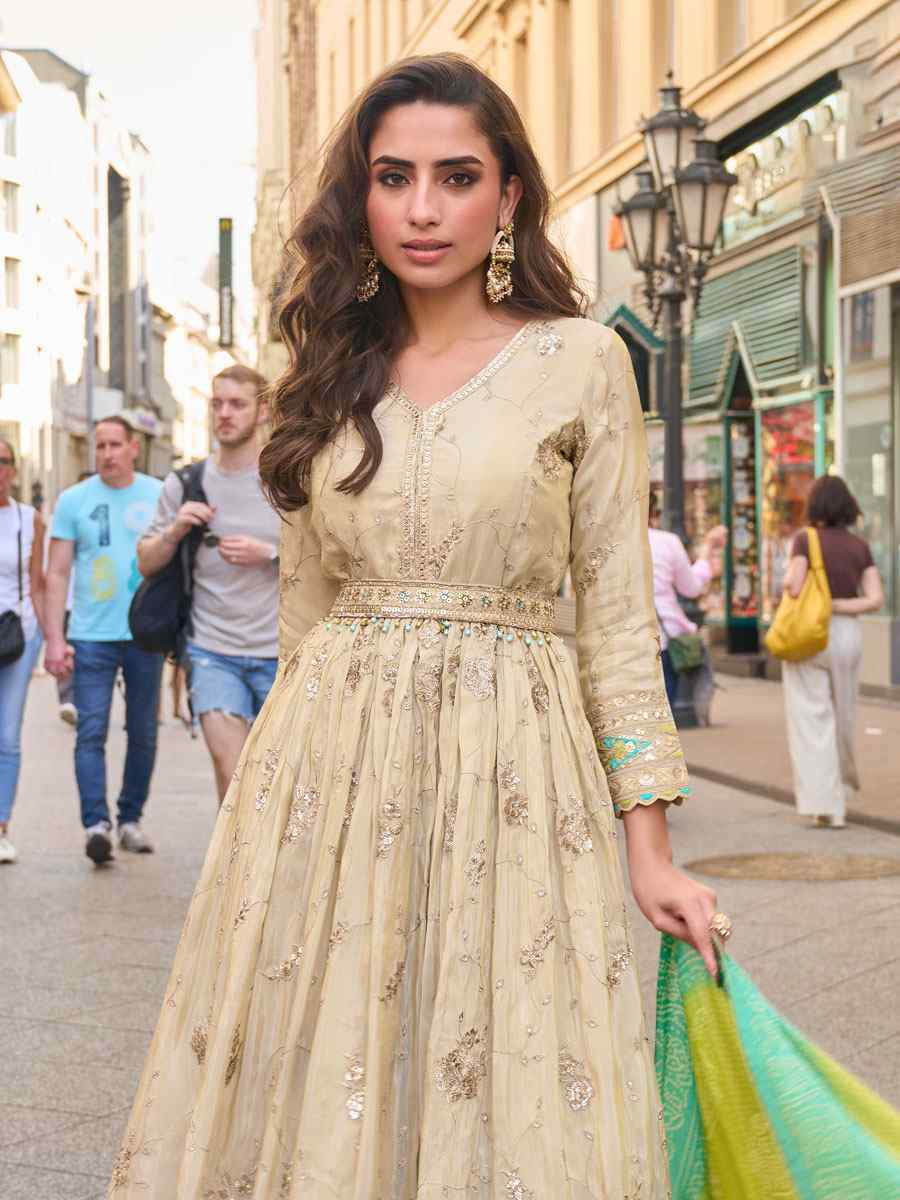 Off-White Premium Real Simar Silk Embroidered Festival Casual Gown Women Wear