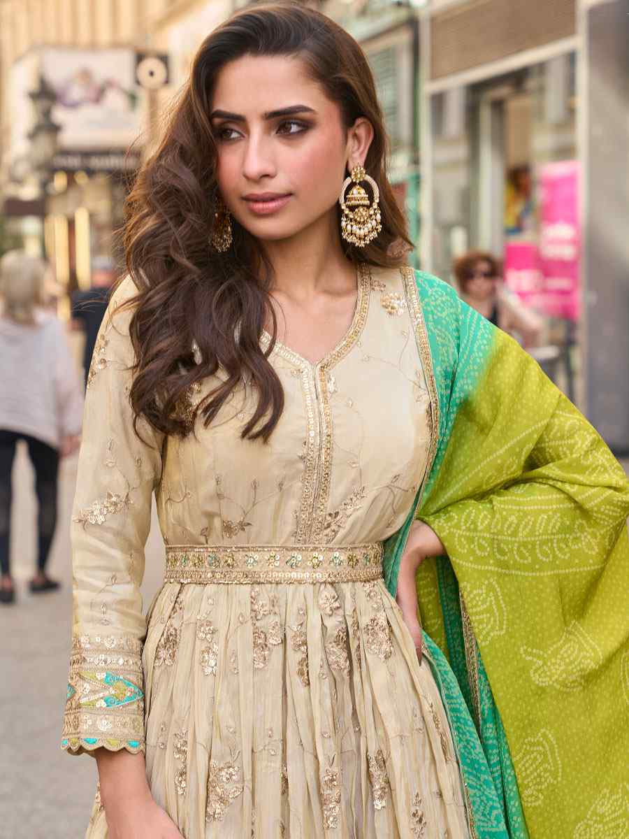 Off-White Premium Real Simar Silk Embroidered Festival Casual Gown Women Wear