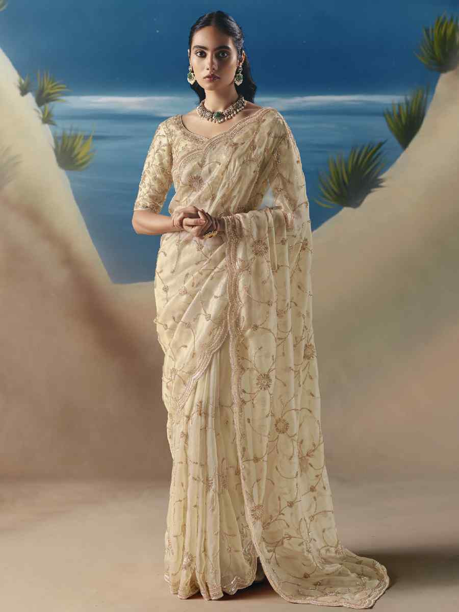 Off-White Premium Satin Organza Embroidery Traditional Bridal Reception Festival Wedding Fancy Heavy Border Saree