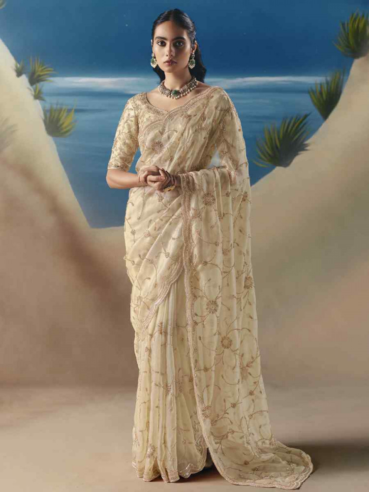 Image of Off-White Premium Satin Organza Embroidery Traditional Bridal Reception Festival Wedding Fancy Heavy Border Saree