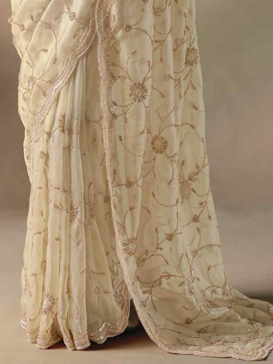 Off-White Premium Satin Organza Embroidery Traditional Bridal Reception Festival Wedding Fancy Heavy Border Saree