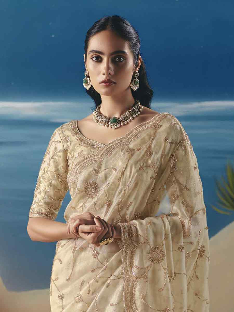 Off-White Premium Satin Organza Embroidery Traditional Bridal Reception Festival Wedding Fancy Heavy Border Saree