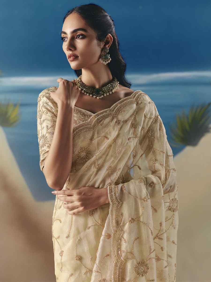 Off-White Premium Satin Organza Embroidery Traditional Bridal Reception Festival Wedding Fancy Heavy Border Saree
