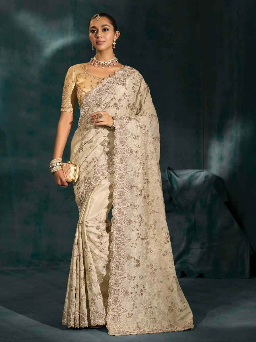 Off-White Pure Banarasi Jari Embroidery Bridal Reception Festival Wedding Fancy Heavy Border Saree