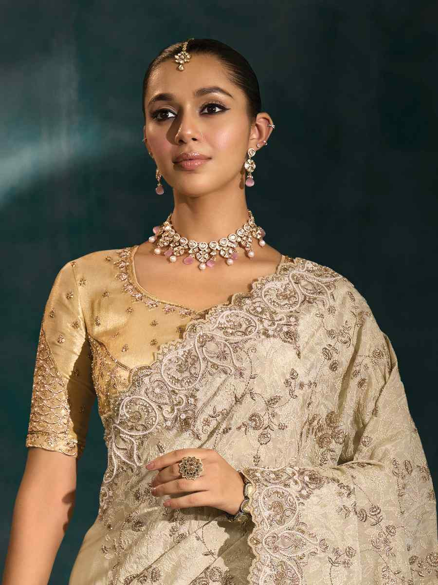 Off-White Pure Banarasi Jari Embroidery Bridal Reception Festival Wedding Fancy Heavy Border Saree