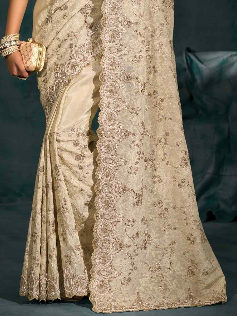 Off-White Pure Banarasi Jari Embroidery Bridal Reception Festival Wedding Fancy Heavy Border Saree