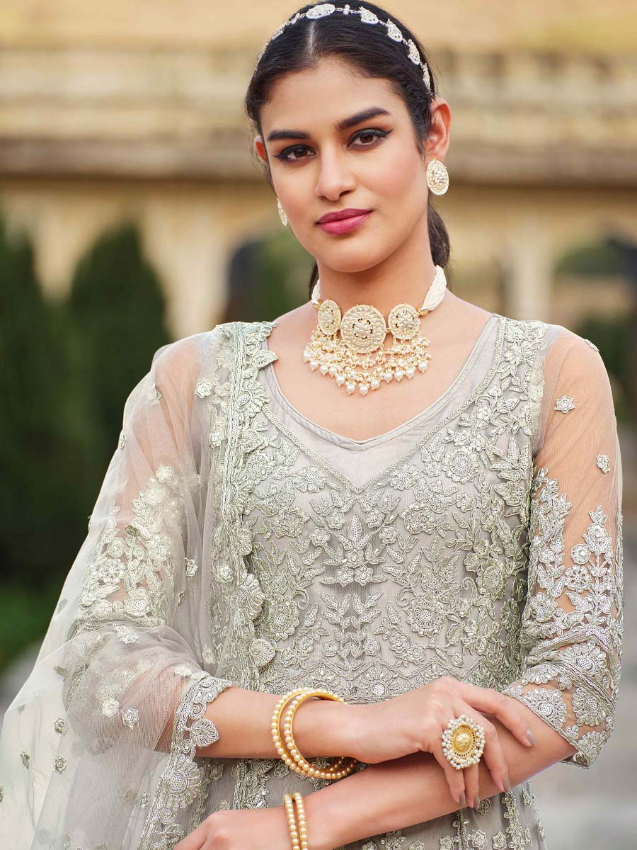 Off White Pure Butterfly Net Embroidered Wedding Engagement Anarkali Salwar Kameez