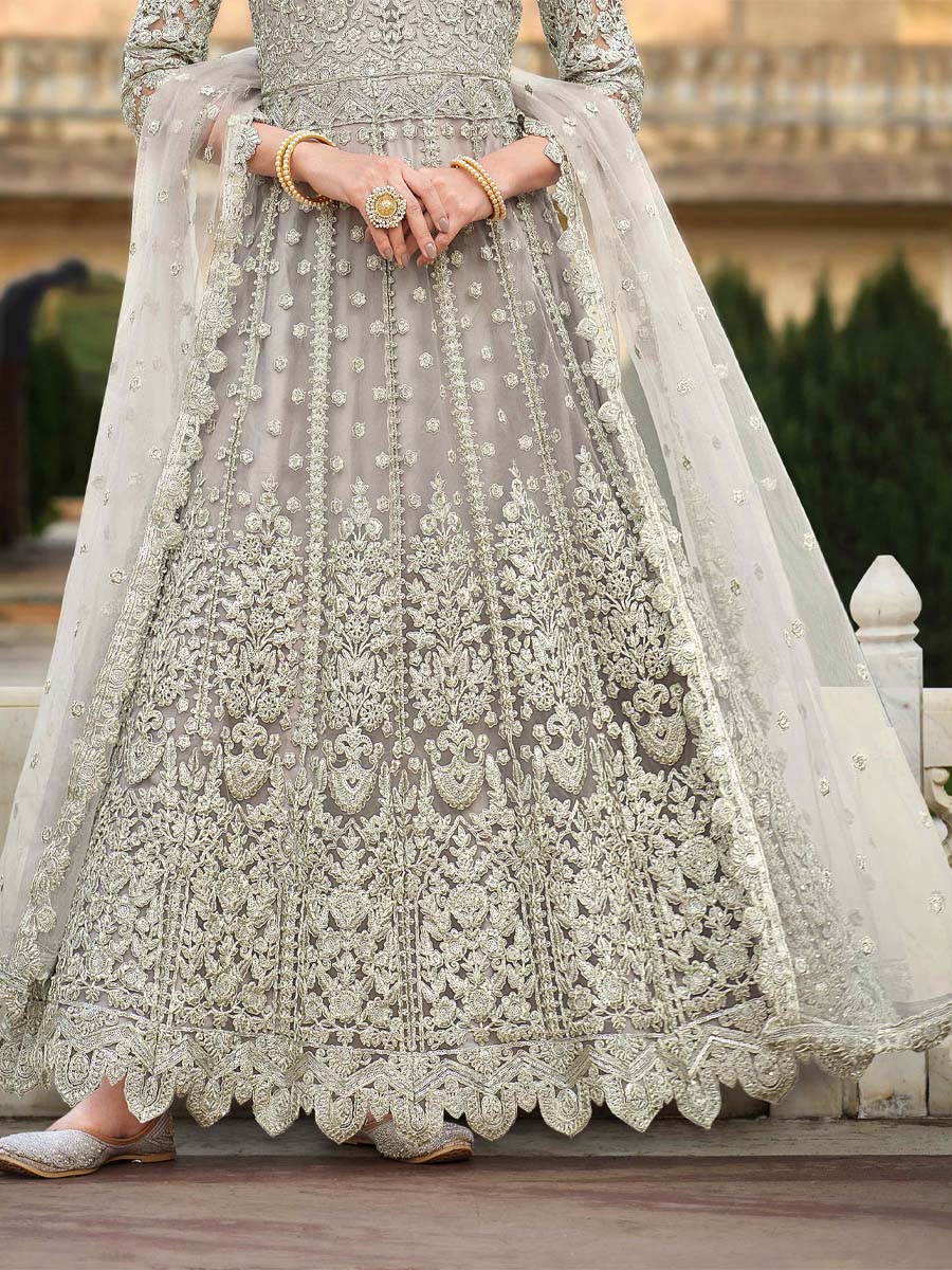 Off White Pure Butterfly Net Embroidered Wedding Engagement Anarkali Salwar Kameez