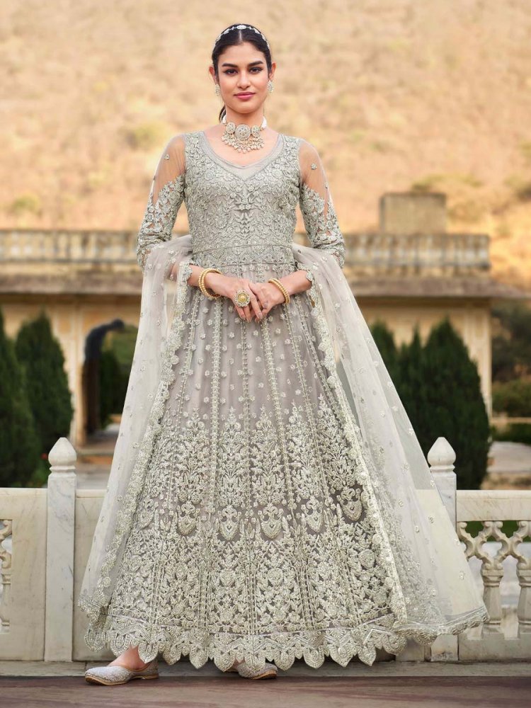 Off White Pure Butterfly Net Embroidered Wedding Engagement Anarkali Salwar Kameez
