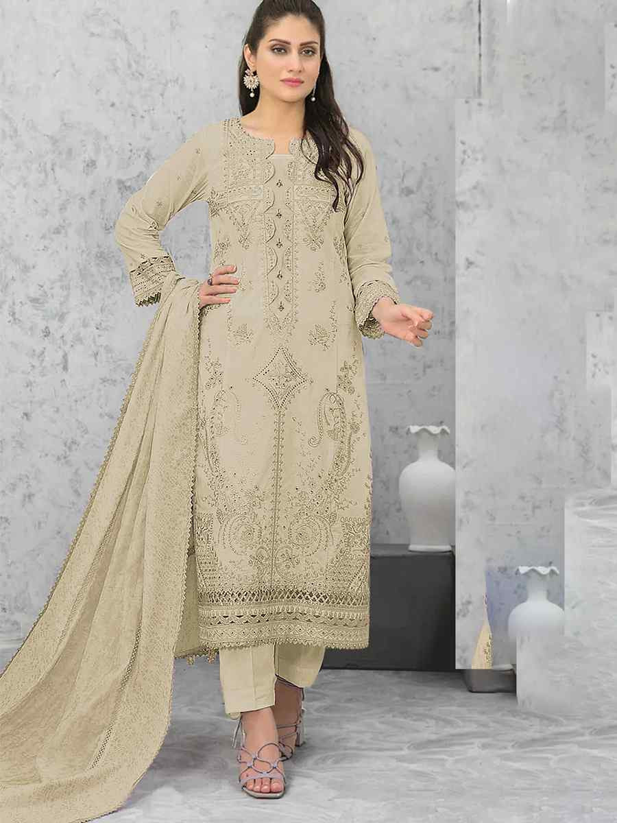 Off-White Pure Cambric Cotton Embroidered Festival Wedding Pant Salwar Kameez