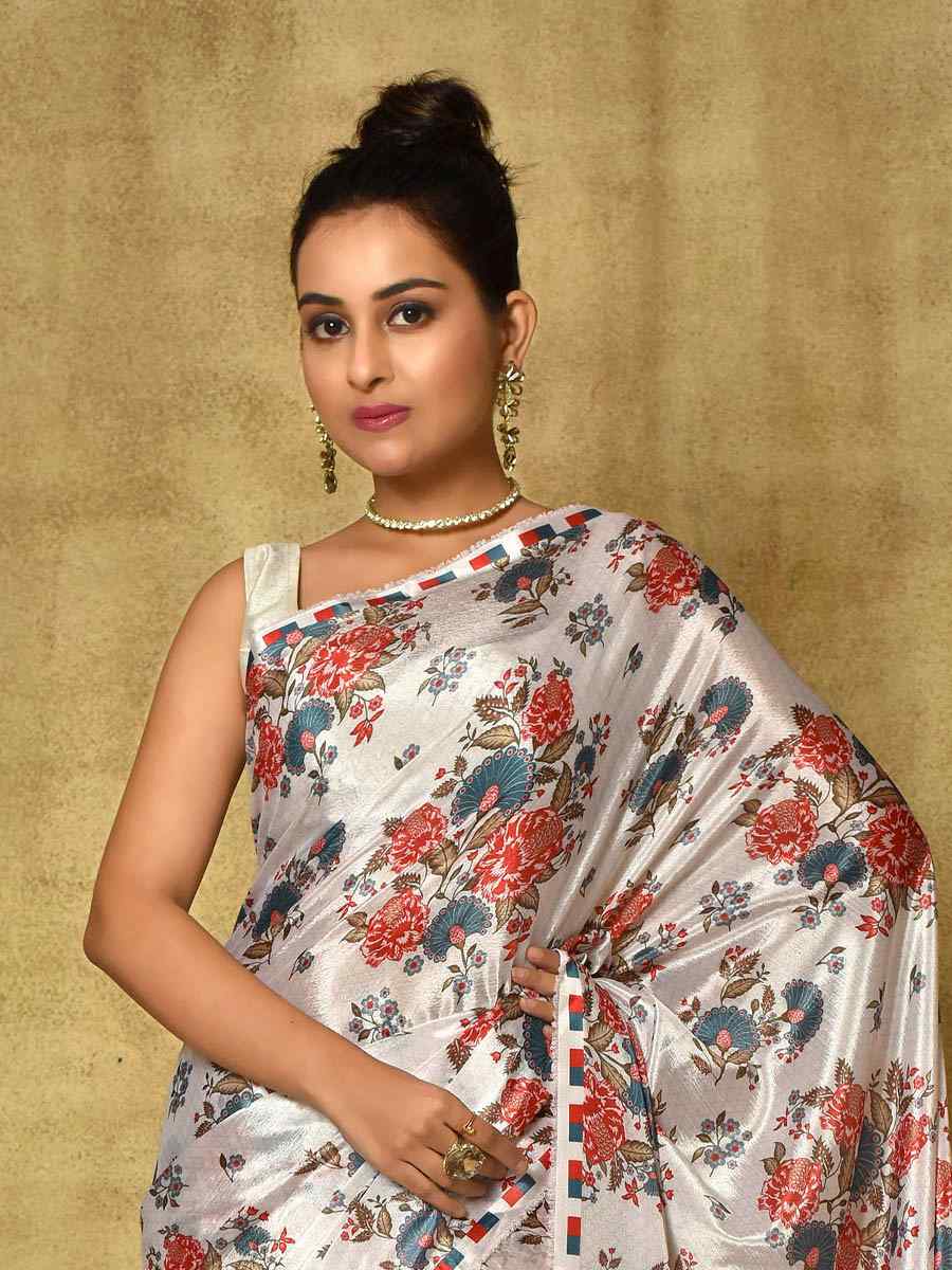 Off White Pure Chinon Printed Party Festival Contemporary Saree
