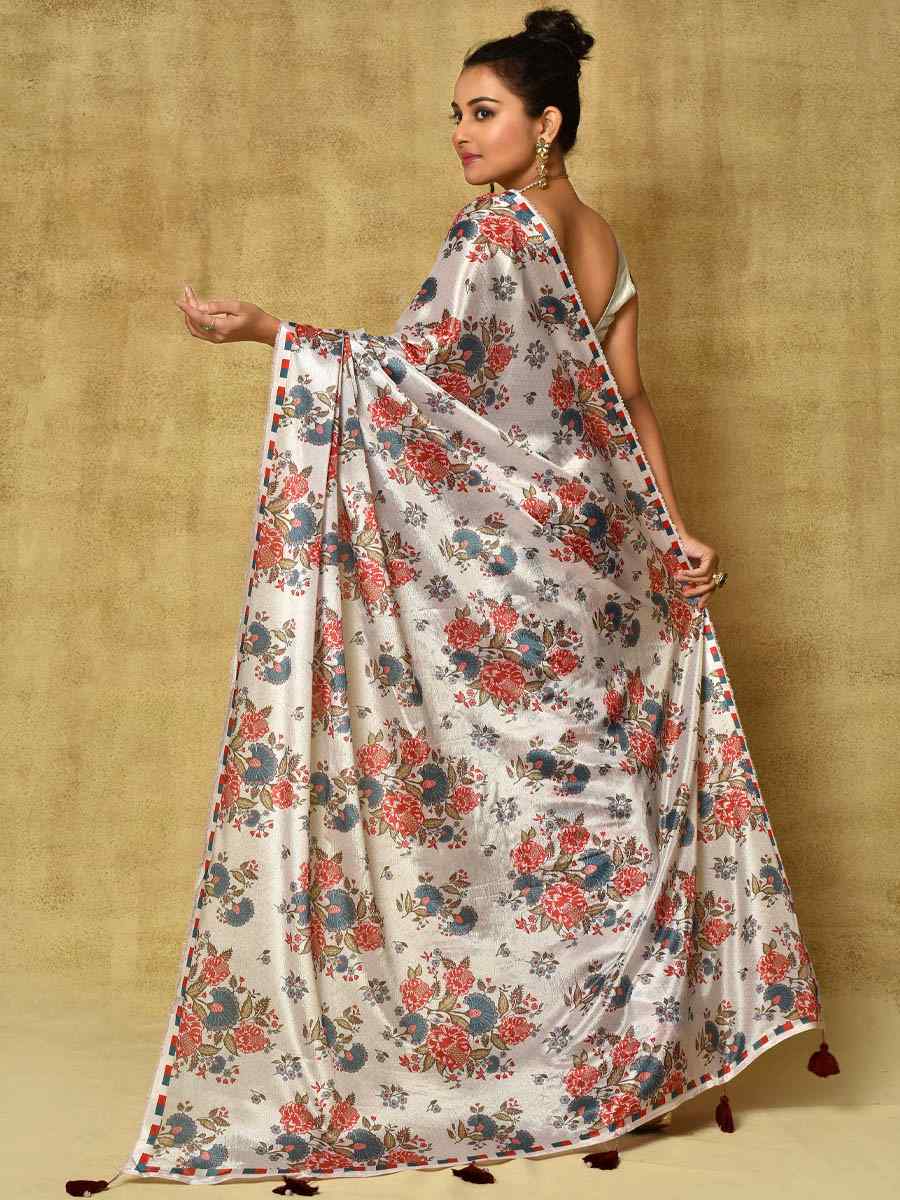 Off White Pure Chinon Printed Party Festival Contemporary Saree