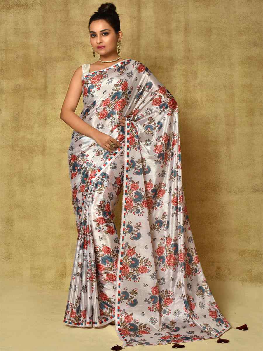 Off White Pure Chinon Printed Party Festival Contemporary Saree