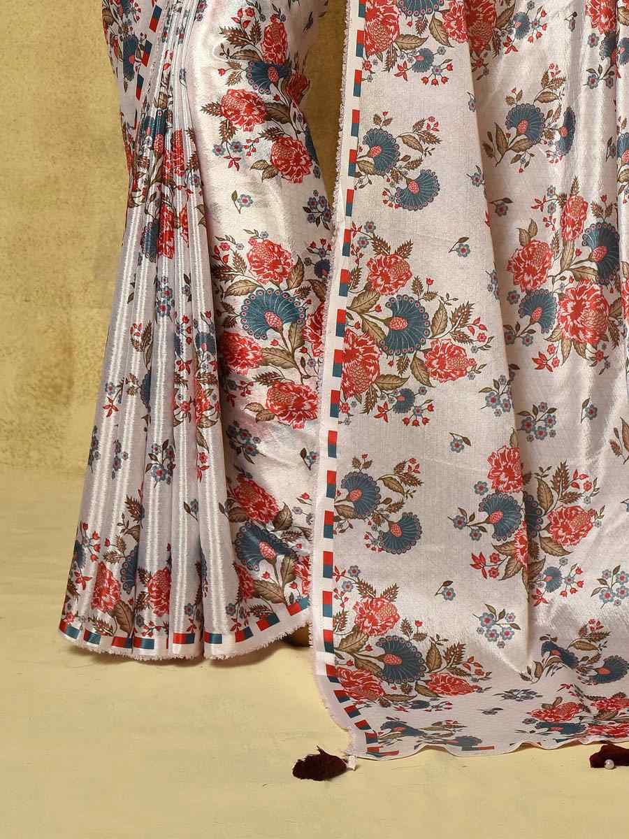 Off White Pure Chinon Printed Party Festival Contemporary Saree