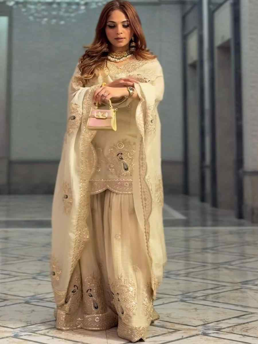 Off-White Pure Chinon Silk Embroidered Festival Casual Ready Sharara Pant Salwar Kameez