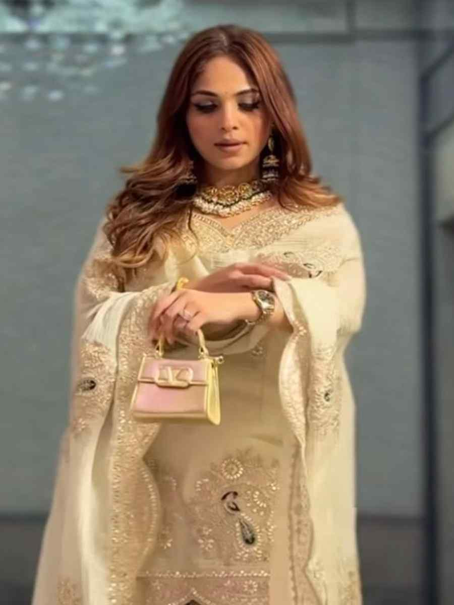 Off-White Pure Chinon Silk Embroidered Festival Casual Ready Sharara Pant Salwar Kameez