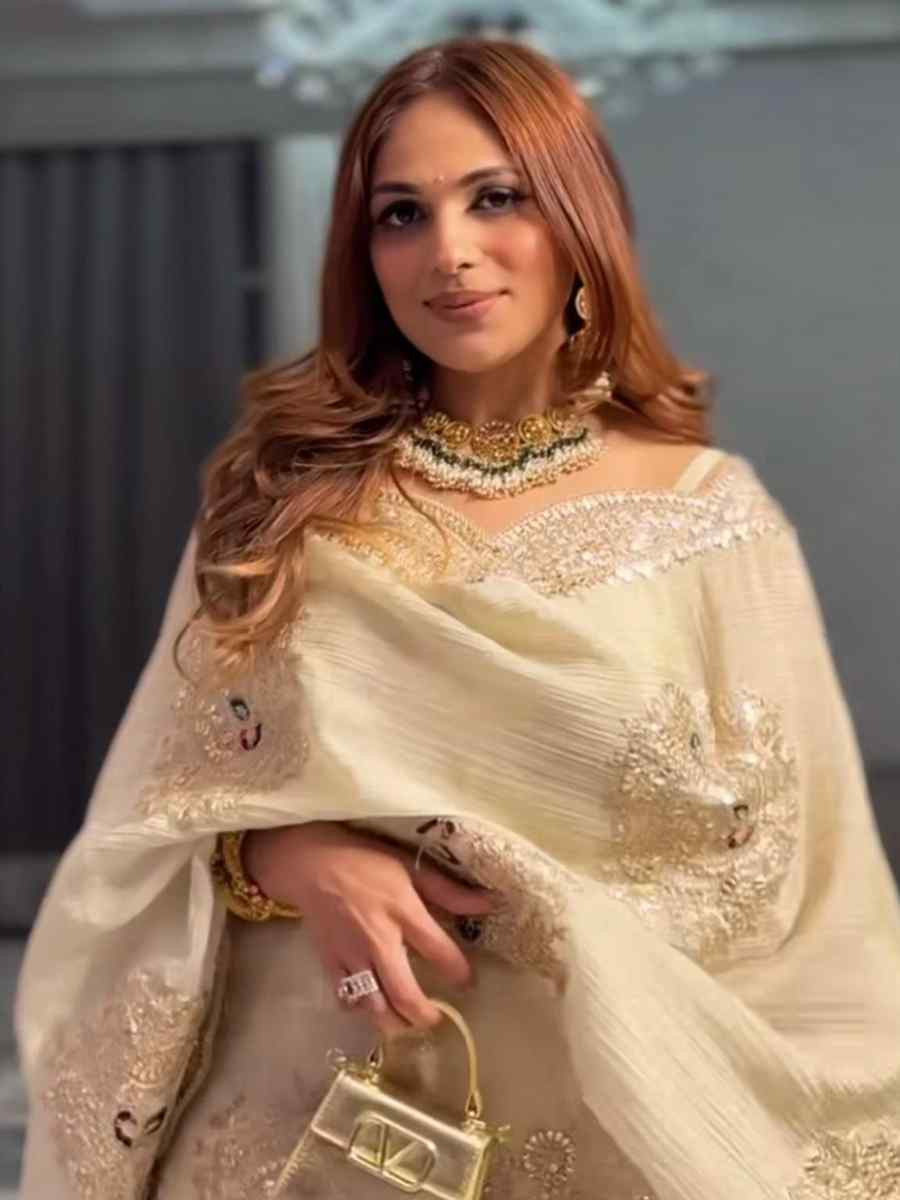 Off-White Pure Chinon Silk Embroidered Festival Casual Ready Sharara Pant Salwar Kameez