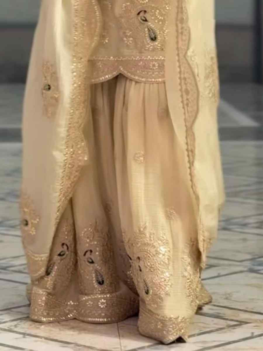 Off-White Pure Chinon Silk Embroidered Festival Casual Ready Sharara Pant Salwar Kameez