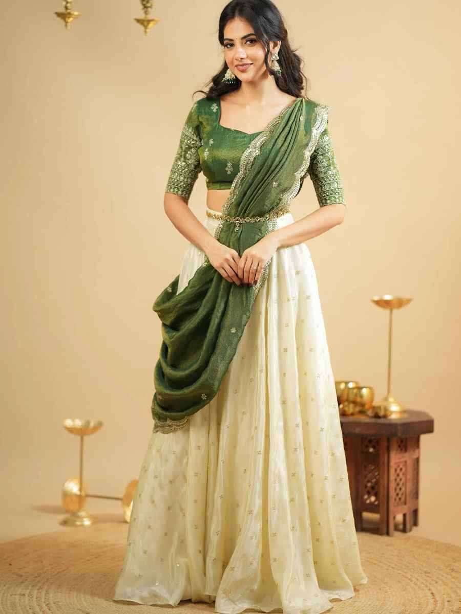 Off-White Pure Crepe Silk Embroidered Printed Wedding Reception Festival Heavy Border Lehenga Choli