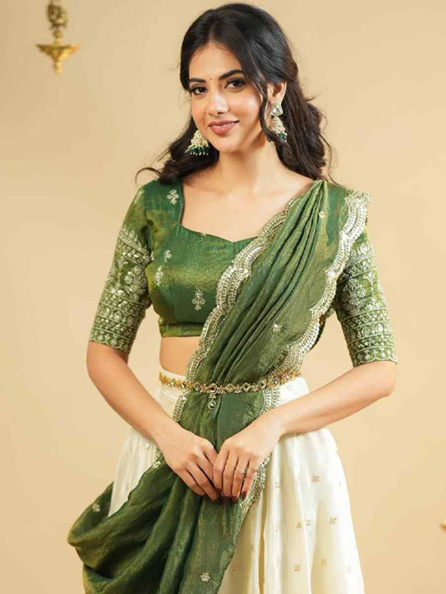 Off-White Pure Crepe Silk Embroidered Printed Wedding Reception Festival Heavy Border Lehenga Choli