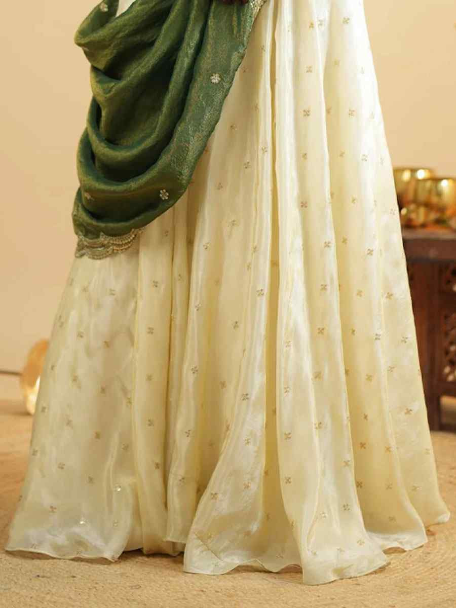 Off-White Pure Crepe Silk Embroidered Printed Wedding Reception Festival Heavy Border Lehenga Choli