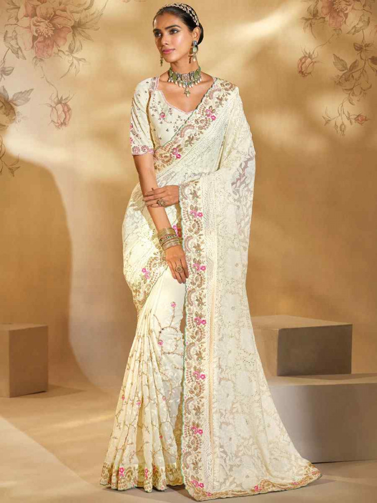 Image of Off-White Pure Georgette  Embroidery Traditional Bridal Reception Festival Wedding Fancy Heavy Border Saree