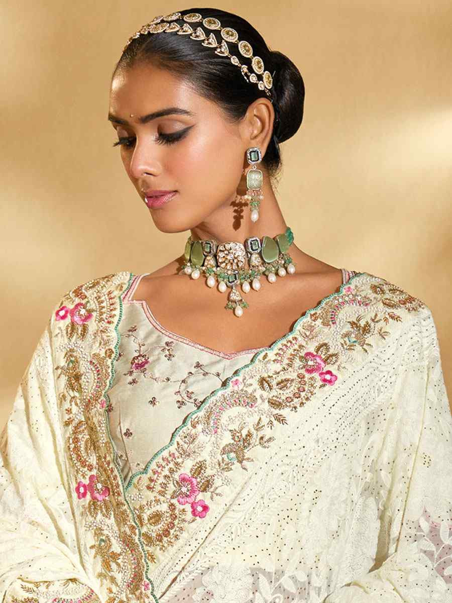 Off-White Pure Georgette Embroidery Traditional Bridal Reception Festival Wedding Fancy Heavy Border Saree