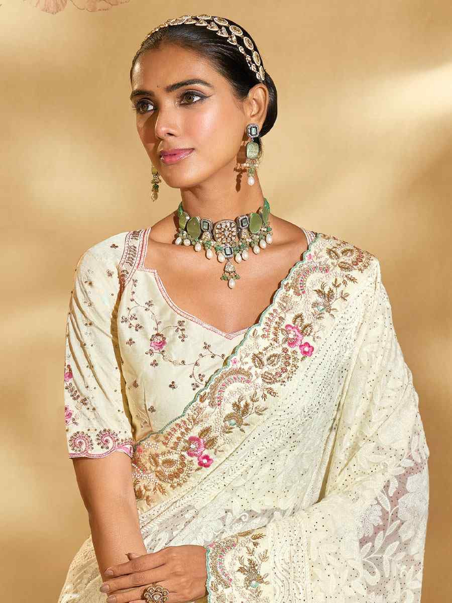 Off-White Pure Georgette Embroidery Traditional Bridal Reception Festival Wedding Fancy Heavy Border Saree