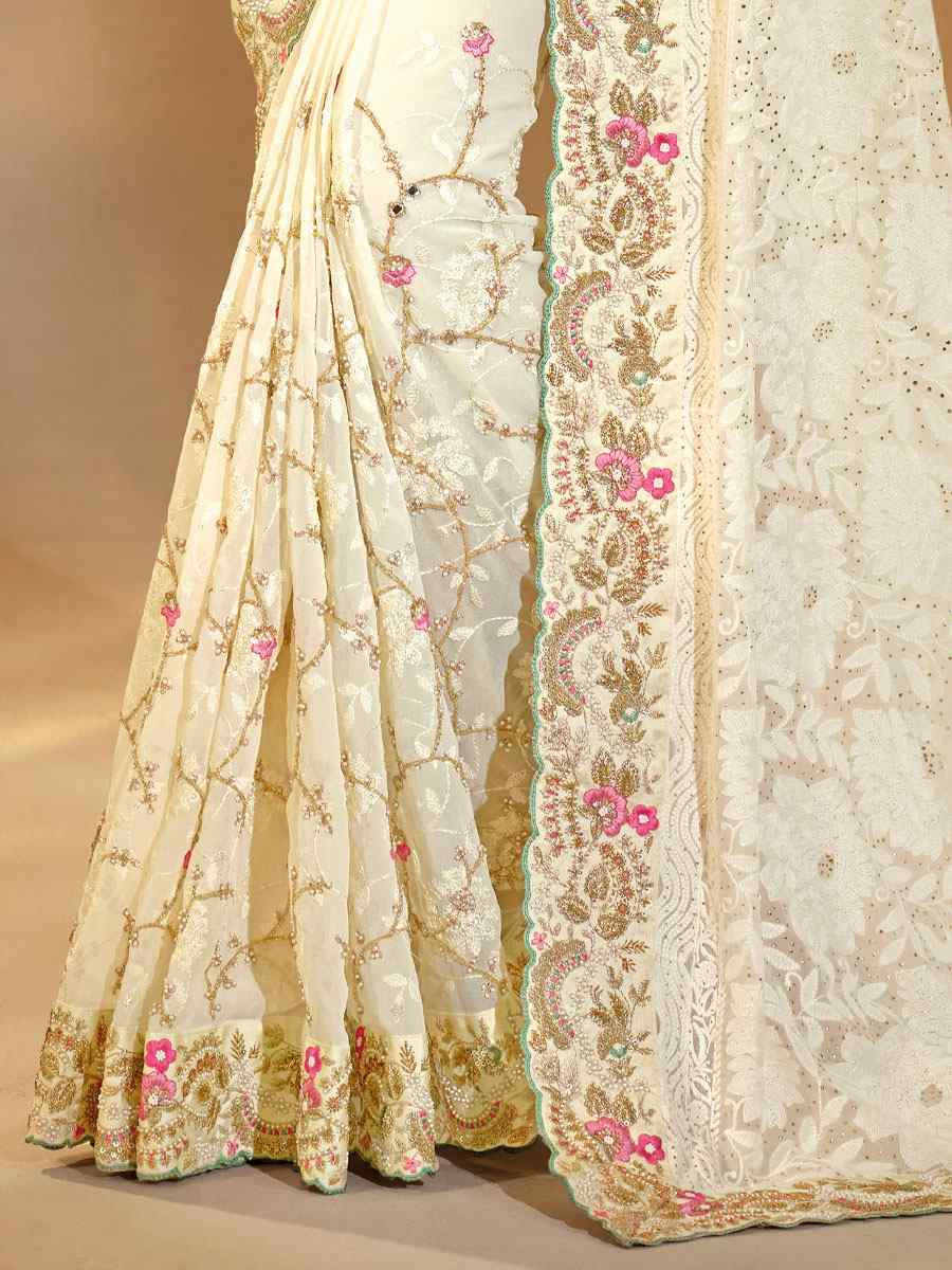 Off-White Pure Georgette  Embroidery Traditional Bridal Reception Festival Wedding Fancy Heavy Border Saree