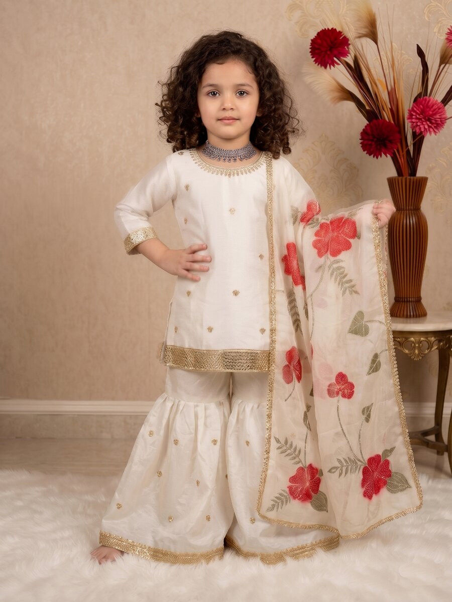 Off White Pure gmy silk Embroidered Sequins Ethnic Casual Festival Party Wedding Kurta Sharara Girls Wear