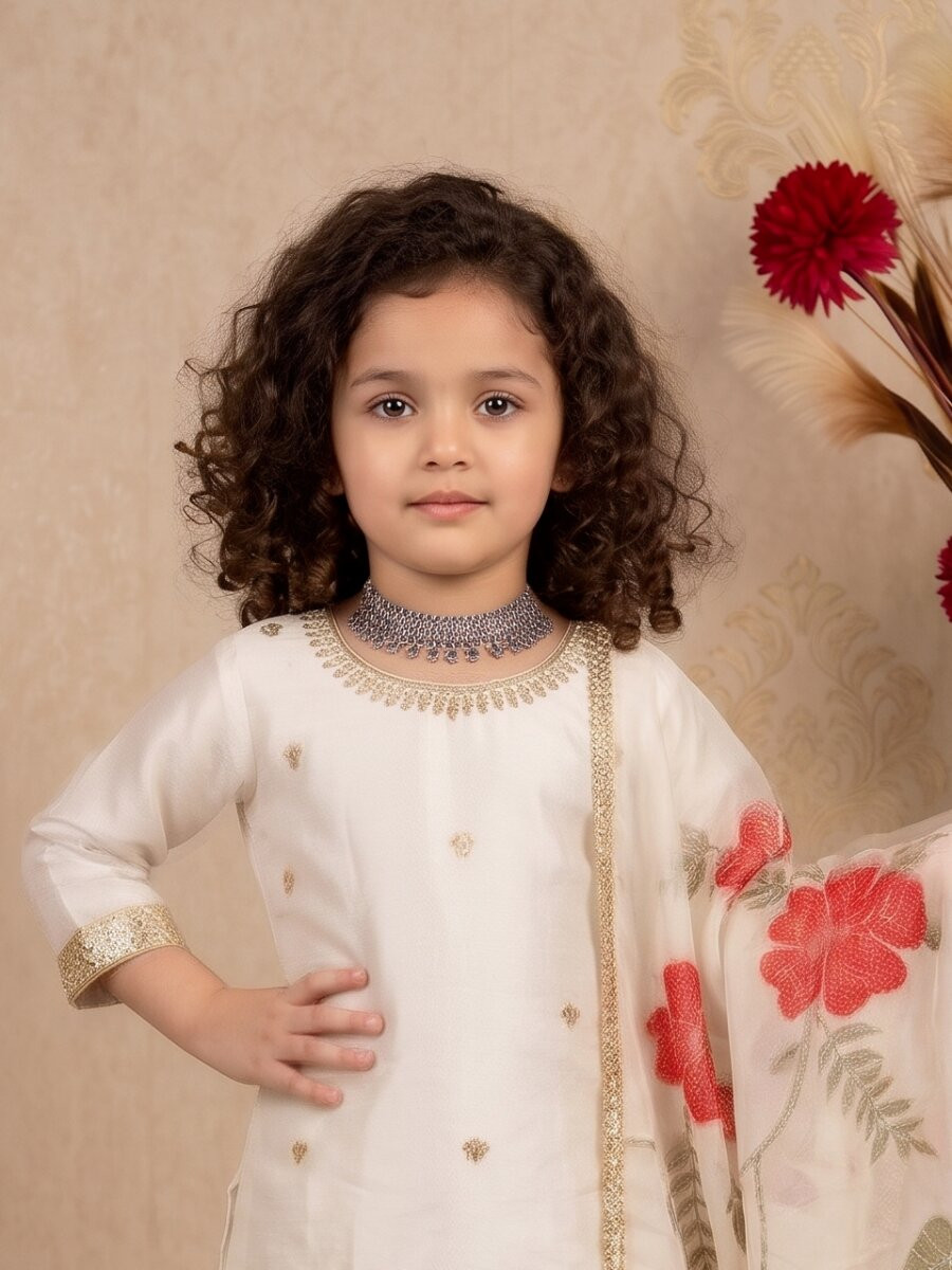 Off White Pure gmy silk Embroidered Sequins Ethnic Casual Festival Party Wedding Kurta Sharara Girls Wear