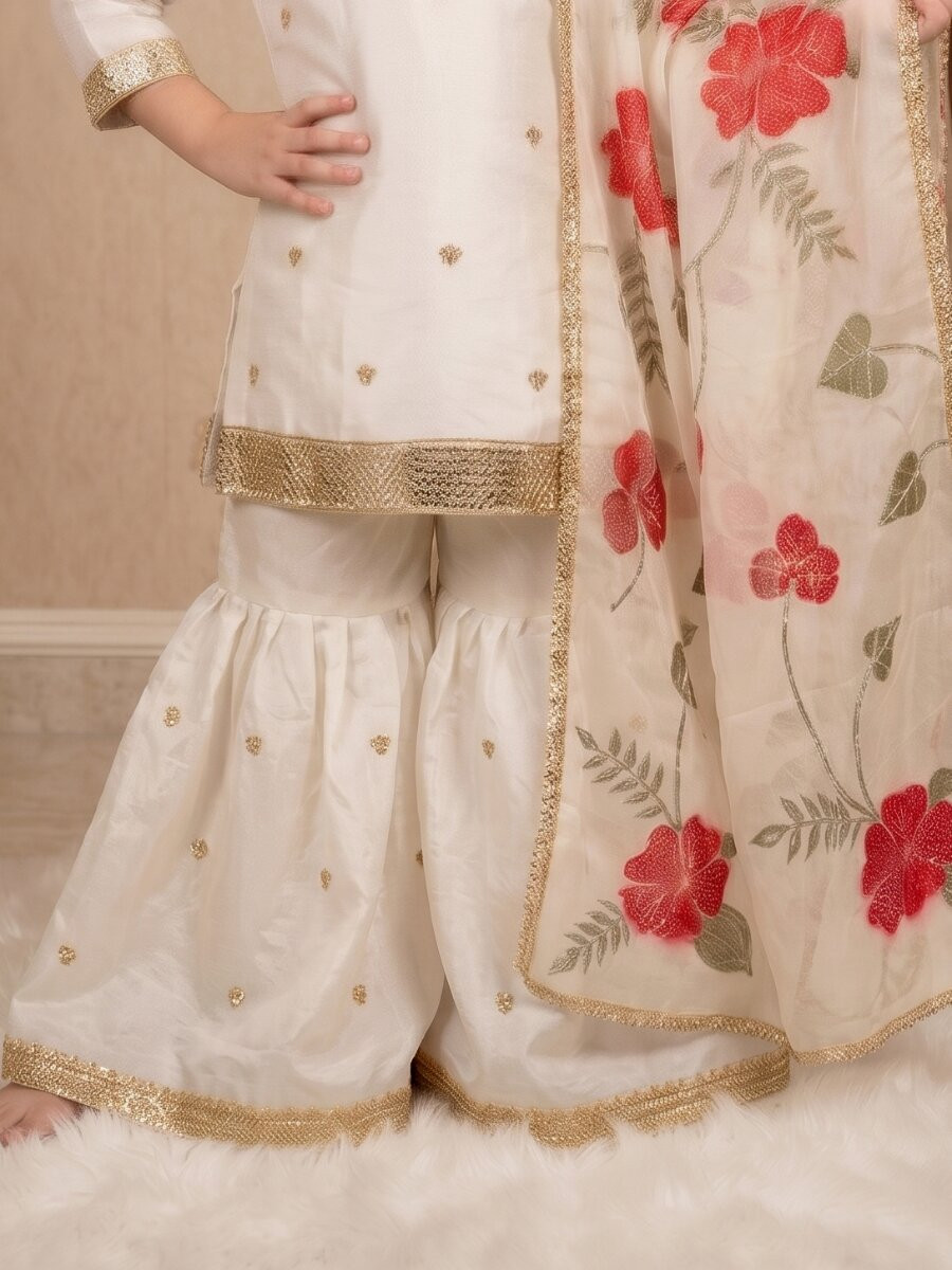 Off White Pure gmy silk Embroidered Sequins Ethnic Casual Festival Party Wedding Kurta Sharara Girls Wear
