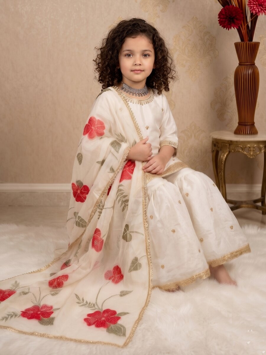 Off White Pure gmy silk Embroidered Sequins Ethnic Casual Festival Party Wedding Kurta Sharara Girls Wear