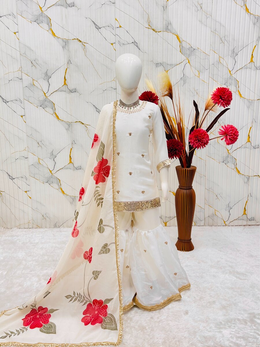 Off White Pure gmy silk Embroidered Sequins Ethnic Casual Festival Party Wedding Kurta Sharara Girls Wear