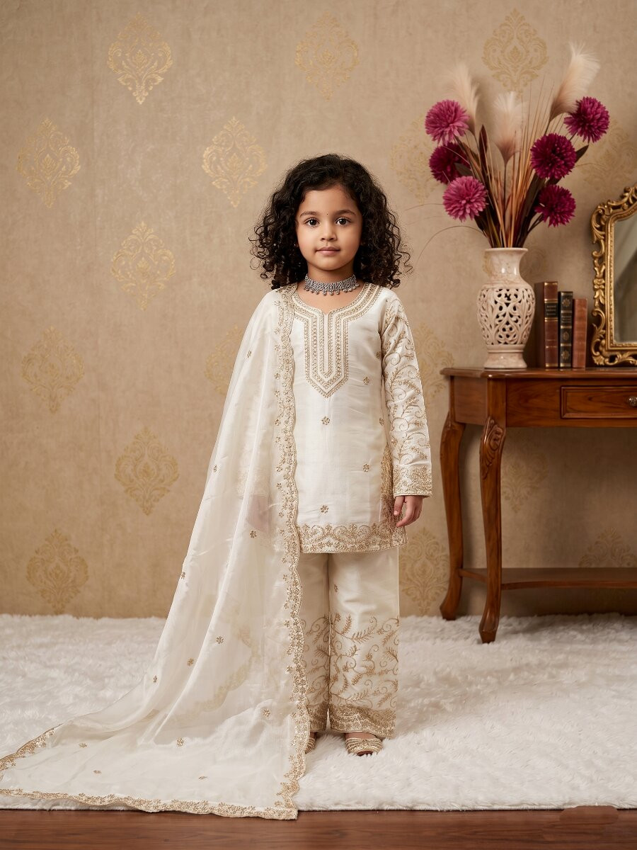 Off White Pure gmy silk Embroidered Sequins Ethnic Casual Festival Party Wedding Salwars Girls Wear
