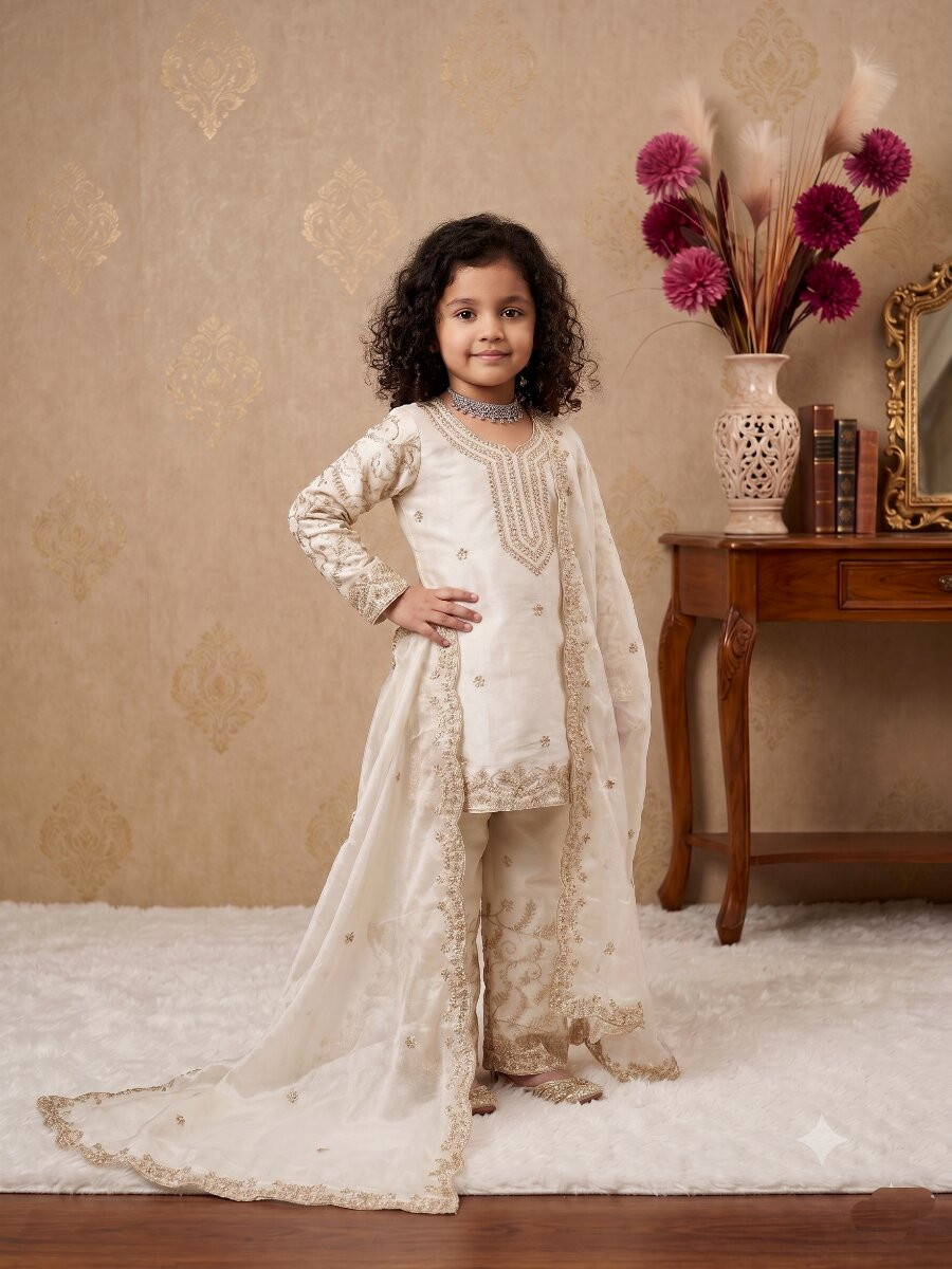 Off White Pure gmy silk Embroidered Sequins Ethnic Casual Festival Party Wedding Salwars Girls Wear