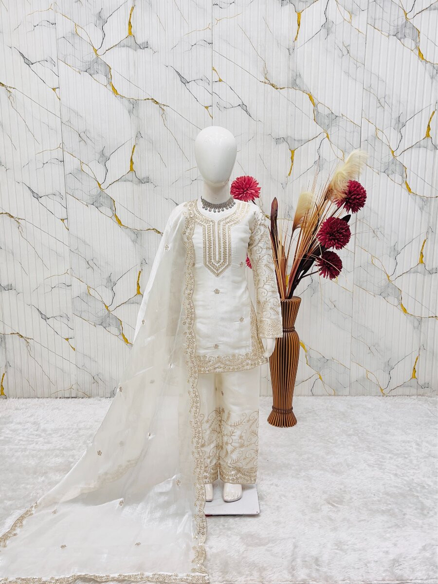 Off White Pure gmy silk Embroidered Sequins Ethnic Casual Festival Party Wedding Salwars Girls Wear