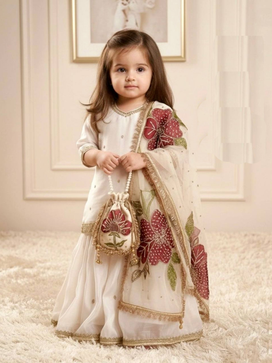 Off White Pure Gmy Silk Embroidered Sequins Wedding Party Festival Ready Kurta Sharara Girls Wear