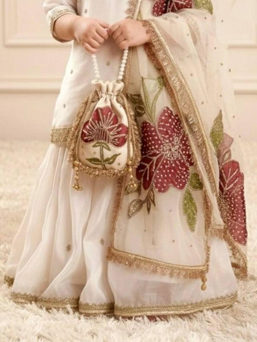 Off White Pure Gmy Silk Embroidered Sequins Wedding Party Festival Ready Kurta Sharara Girls Wear