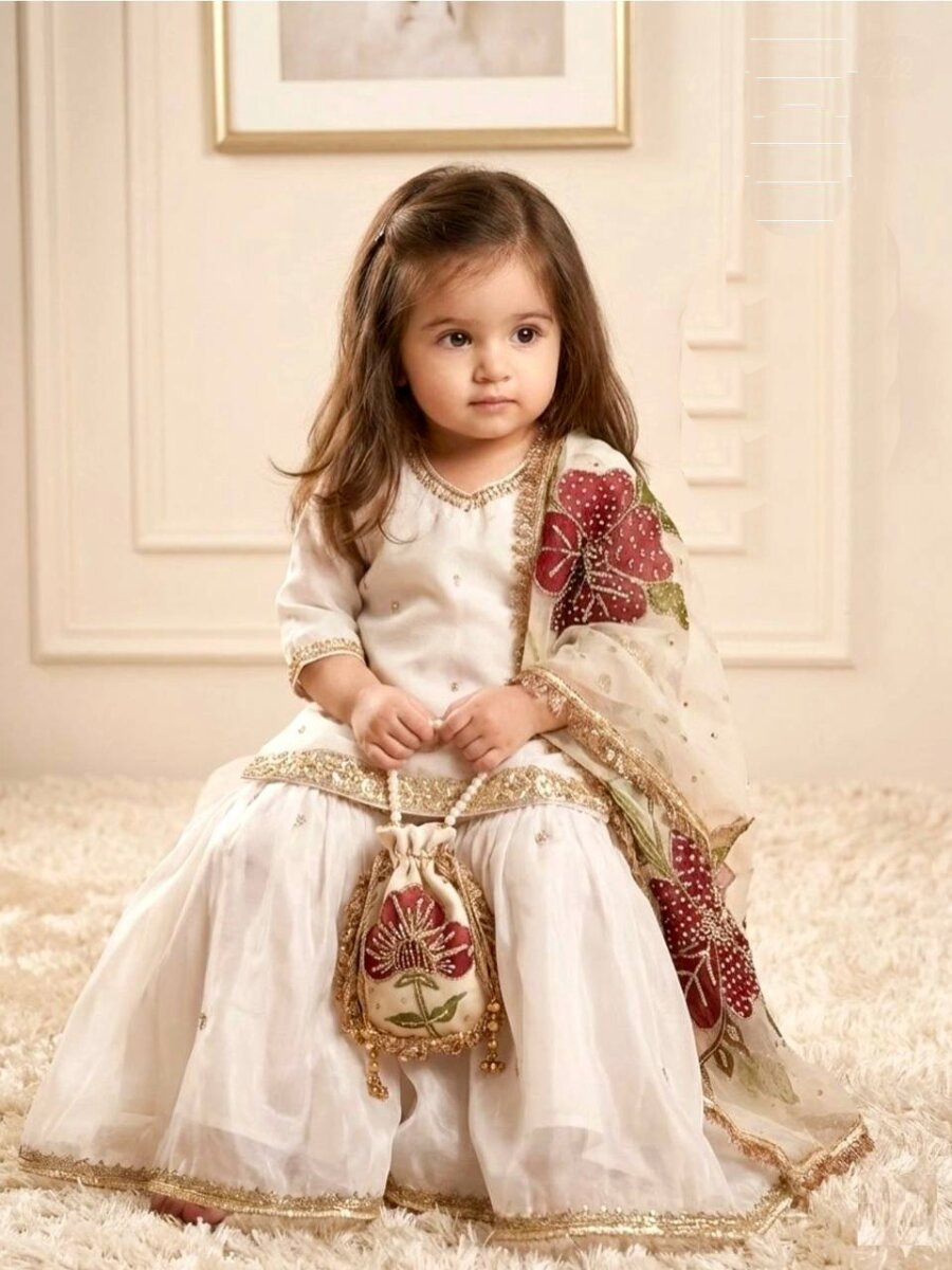 Off White Pure Gmy Silk Embroidered Sequins Wedding Party Festival Ready Kurta Sharara Girls Wear