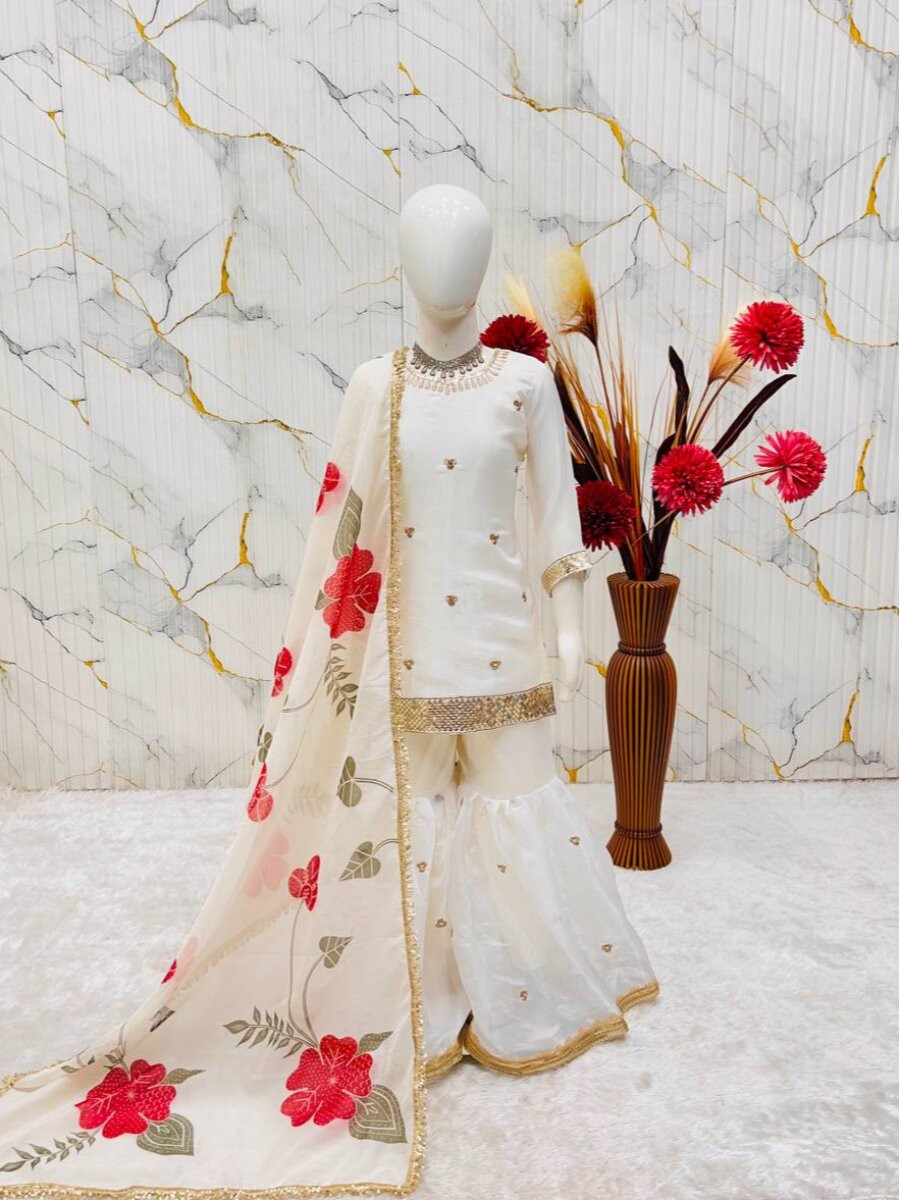 Off White Pure Gmy Silk Embroidered Sequins Wedding Party Festival Ready Kurta Sharara Girls Wear